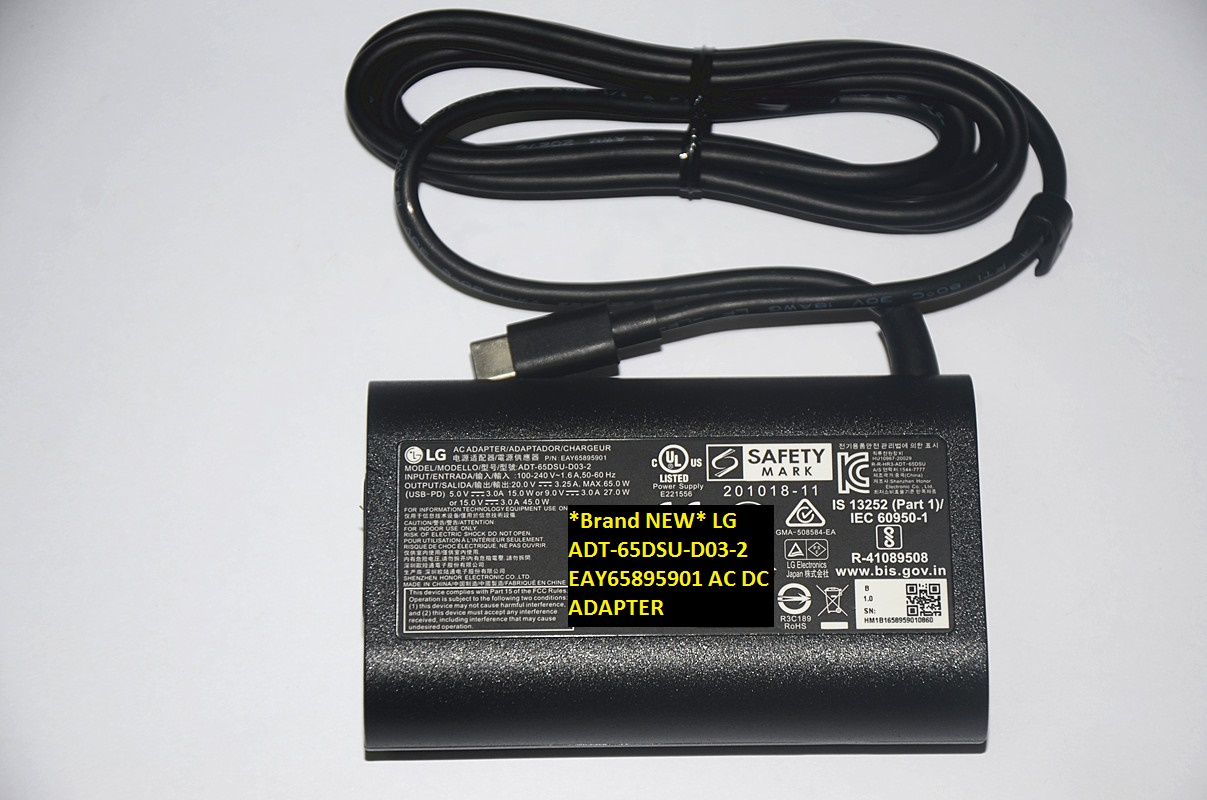 *Brand NEW* EAY65895901 9.0V 3.0A 27.0W LG ADT-65DSU-D03-2 20.0V 3.25A 65.0W USB-PD AC DC ADAPTER